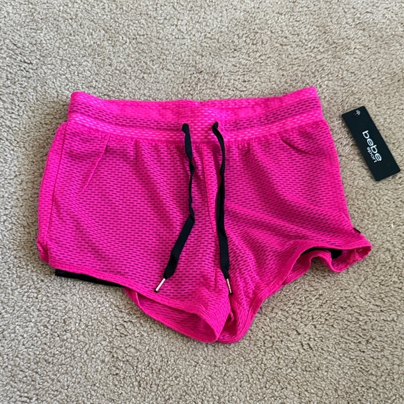 Bebe Sport Hot Pink Mesh Over Black Spandex Athletic Shorts- size small- NWT - Picture 1 of 7